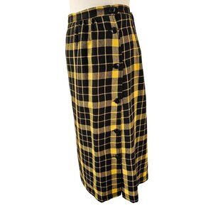 Synonyme 70s Yellow Black Plaid Wool Midi Skirt Size S Side Buttons French Made